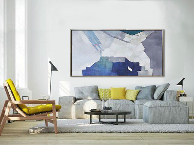 Large Abstract Painting On Canvas,Horizontal Palette Knife Contemporary Art,Contemporary Art Canvas Painting,White,Grey,Blue.etc